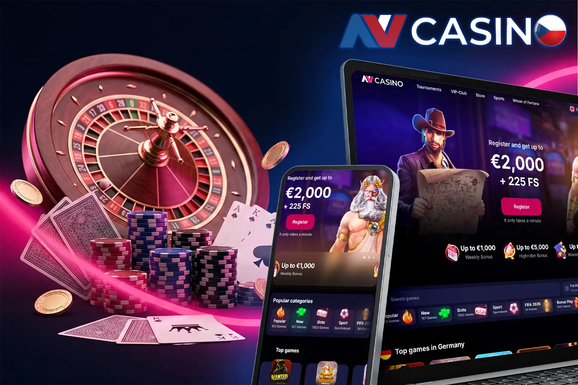 Přehled rozhraní NV Casino na notebooku a chytrém telefonu s uvítacím bonusem, kasinovými žetony, hracími kartami a ruletou v pozadí